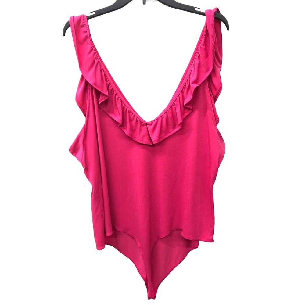Hot Pink Magenta Bodysuit Ruffle Flutter Sleeve Thong  Women's 1X 2X 4X - Picture 5 of 7